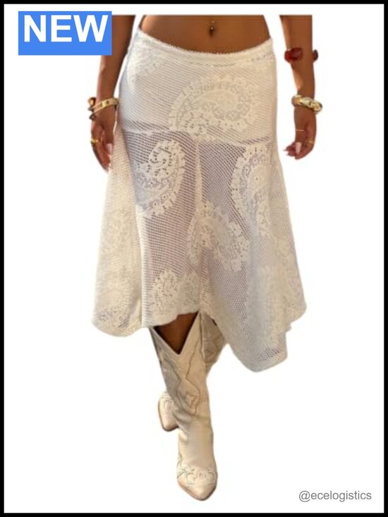 Dresses & Skirts - Women's Crochet Mesh Sheer Flare Midi Skirt Low Rise Pull On